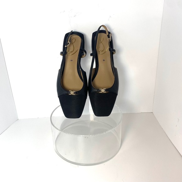 Sam Edelman Black Leather Square Toe Slingback Flats Gold Logo Size 9.5 - Picture 4 of 6